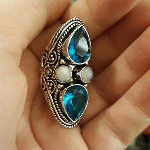 New Rainbow Moonston & Blue Topaz 925 Silver Statement Ring.